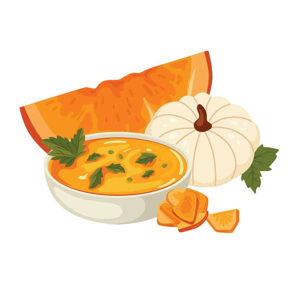 Autumn composition pumpkin soup. vector