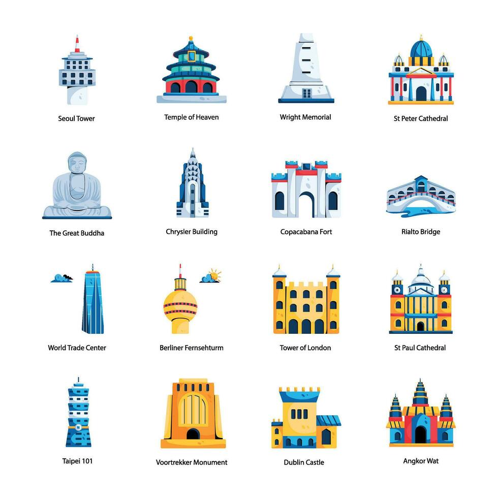 Pack of Worlds Historic Landmarks Flat Icons vector