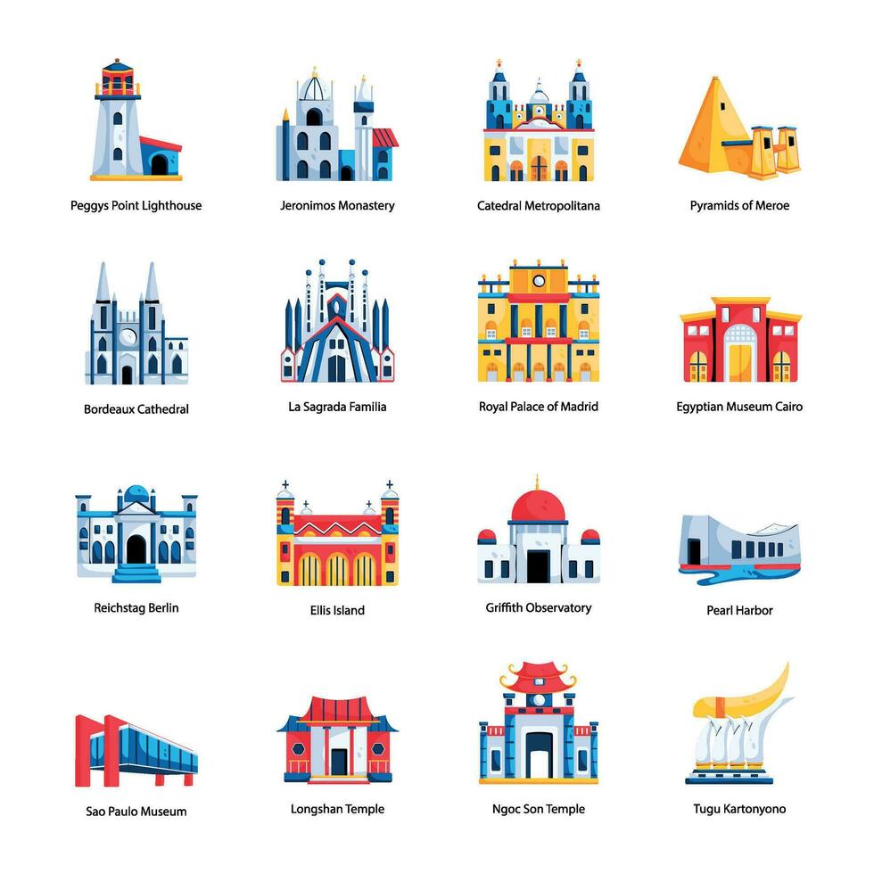 mundos histórico monumentos plano íconos vector