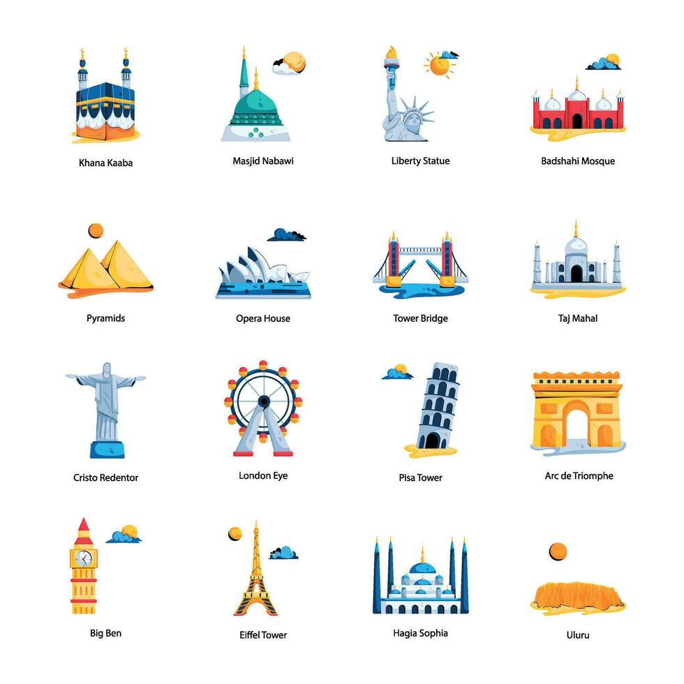 Pack of Worlds Famous Landmarks Flat Icons vector