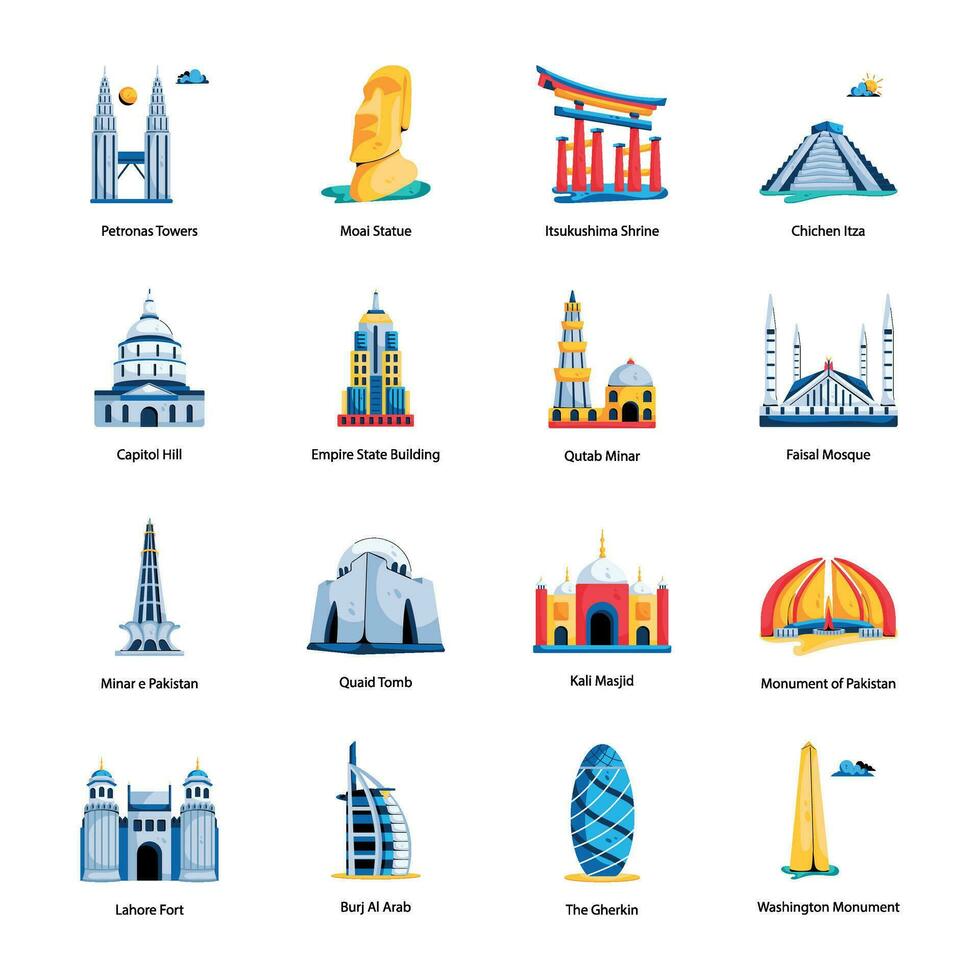 Set of Worlds Famous Monuments Flat Icons vector