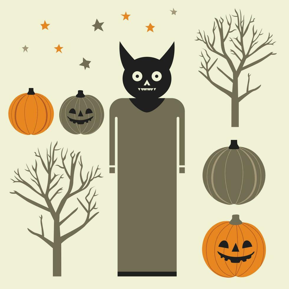 Unleash your Halloween creativity with vector set pumpkins, trees, and creepy monsters. Perfect for spooky designs.