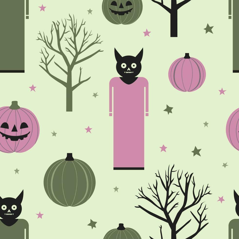 Transform your Halloween projects with pumpkin, cat, and tree pattern design. Ideal for spooky, festive creations. vector