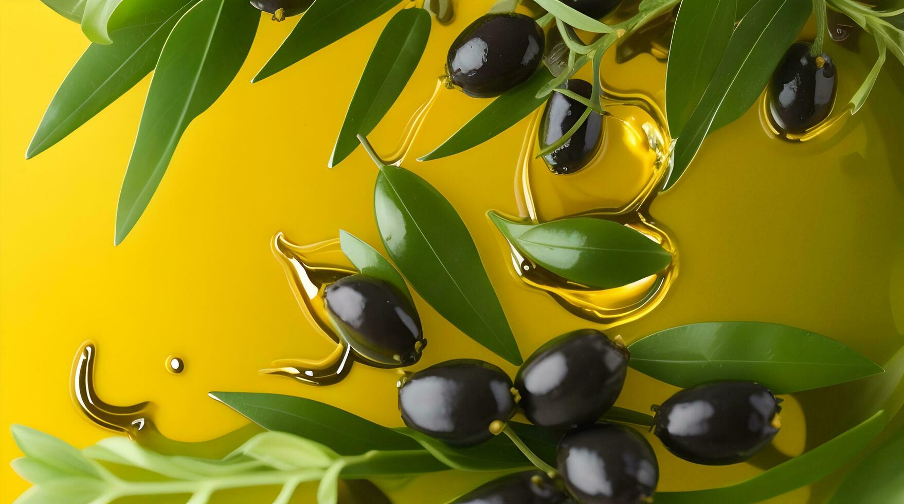 Create a visually captivating image of ripe olives and a drizzle of golden olive oil floating on a lush green background. Showcase the allure of Mediterranean cuisine and its rich flavors. photo