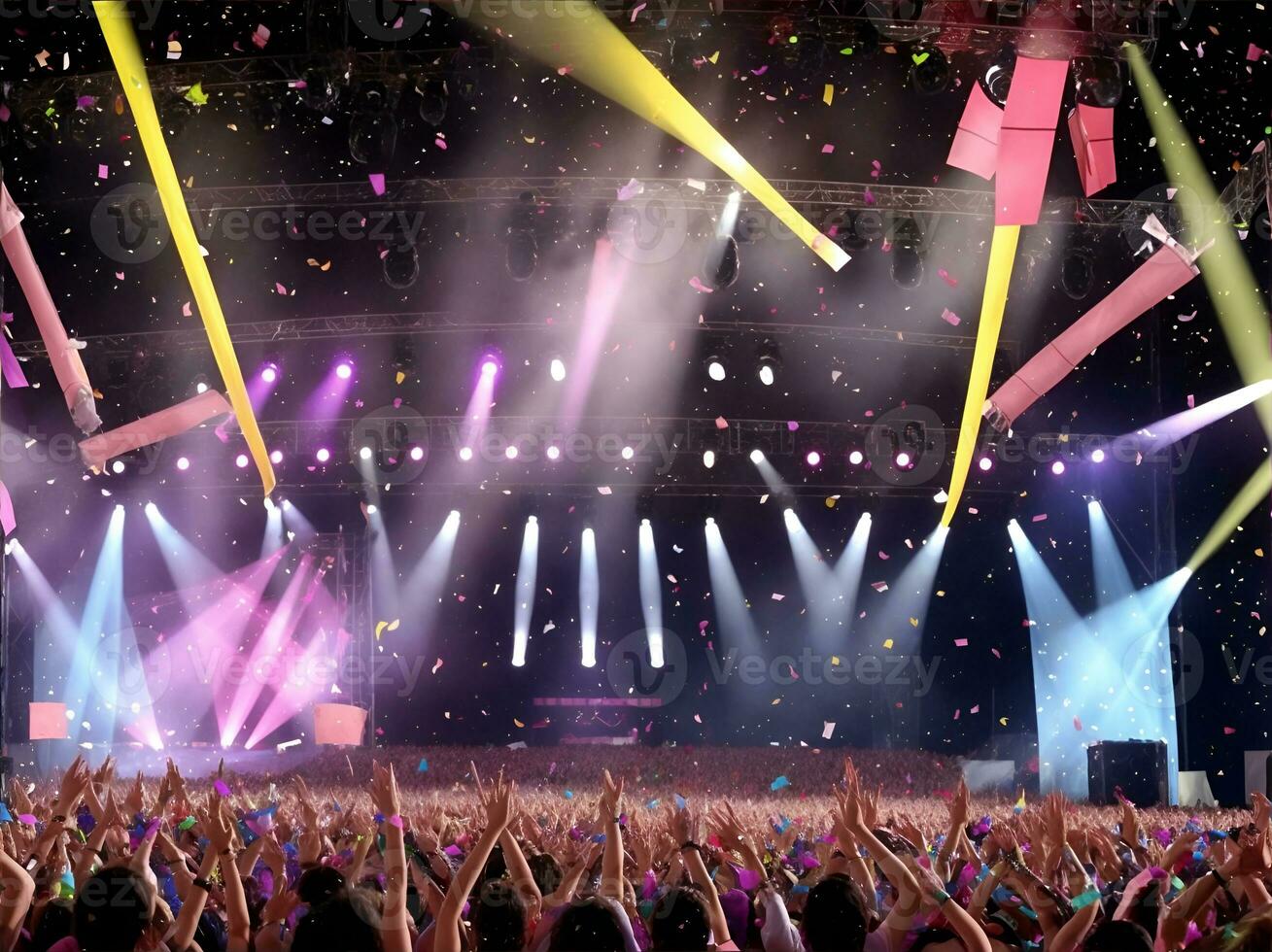 Crowd at a concert with hands up. Scene stage lights, rock festival. AI Generated photo
