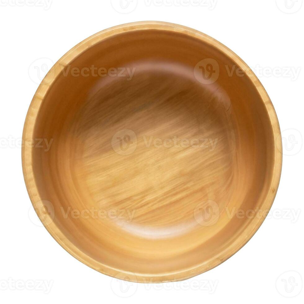 Top view of empty wooden bowl isolated on background. Clean plate cut out AI Generated. photo