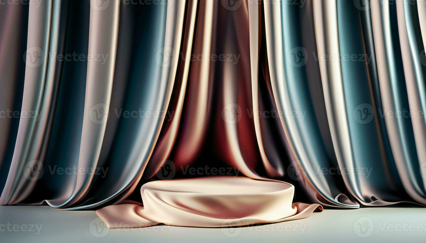 Pedestal podium with drapery luxury silk textile. Showcase of beauty, cosmetic product presentation. Stand stage on display background studio with copy space. AI Generated photo