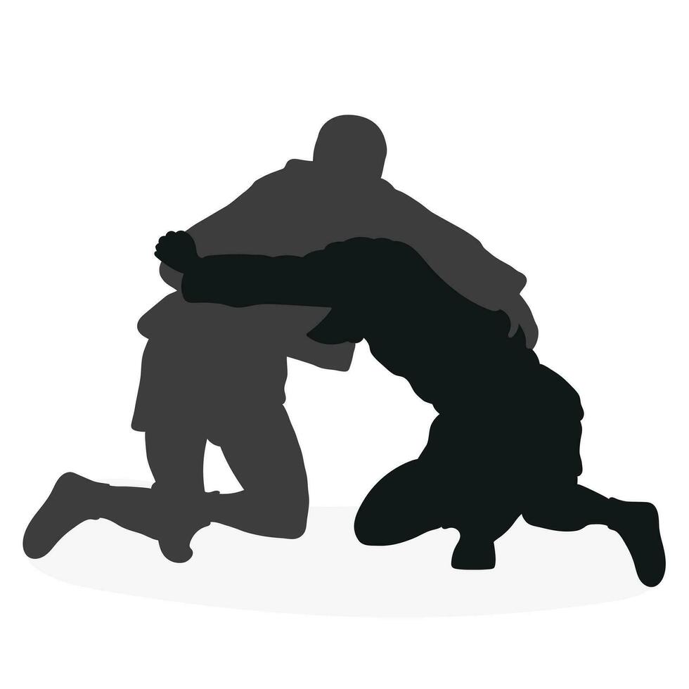 Image of silhouettes sambo athletes in sambo wrestling, combat sambo, duel, fight, fistfight, struggle, tussle, brawl, jiu jitsu. Martial art, sportsmanship vector