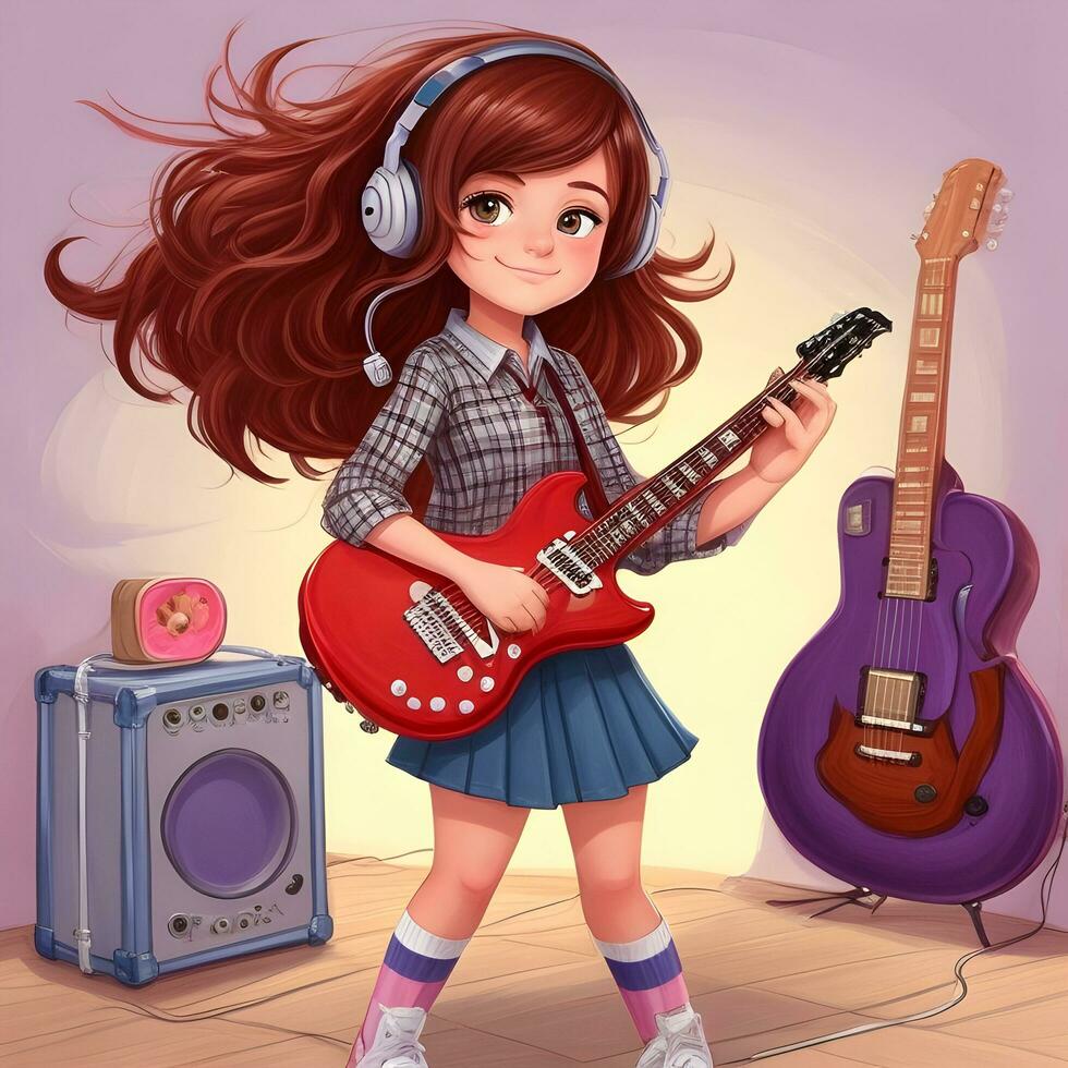 teenage girl  playing guitar 3D cartoon character photo