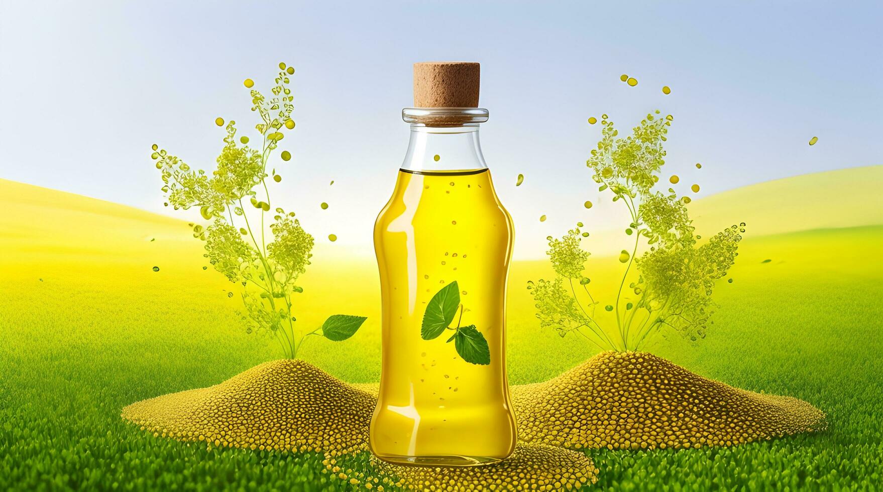 Showcase a promotional image for a mustard oil brand. Use floating mustard seeds and mustard oil to symbolize the natural and flavorful qualities of the product against a green background photo