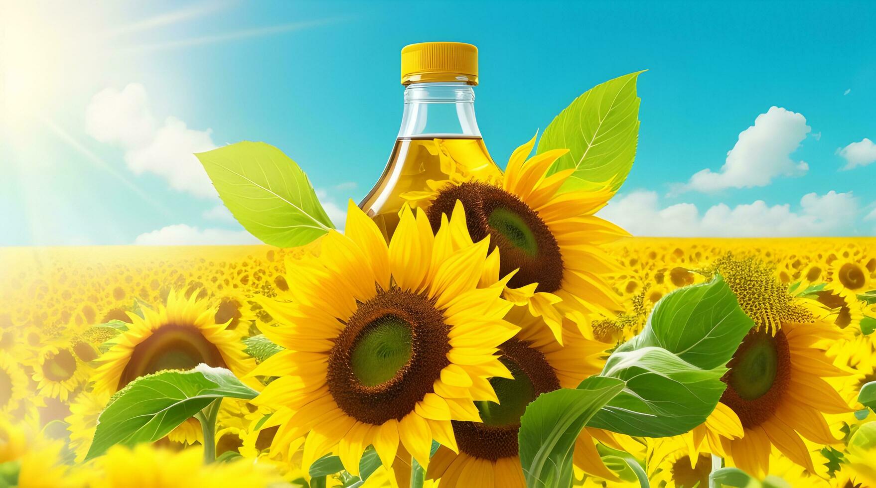 Create a promotional image for a sunflower oil brand. Use floating sunflowers and sunflower oil to symbolize the natural and nutritious qualities of the product against a green background photo