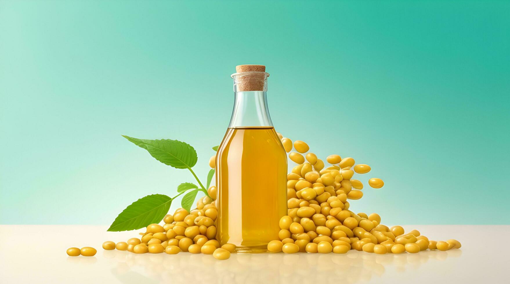 Showcase a promotional image for a soybean oil brand. Use floating soybeans and soybean oil to symbolize the natural and wholesome qualities of the product against a green background photo