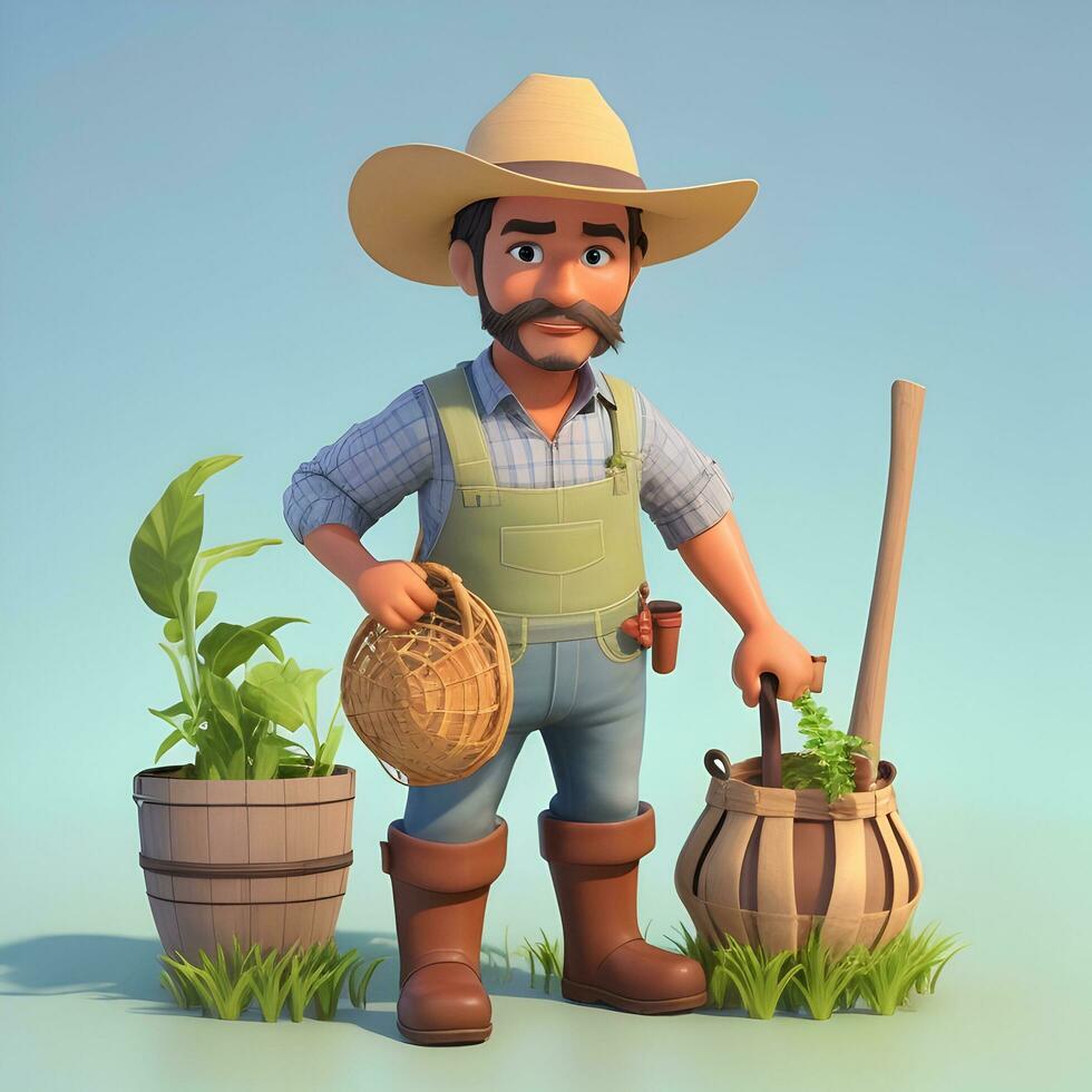 3D cartoon character of a hardworking farmer. photo