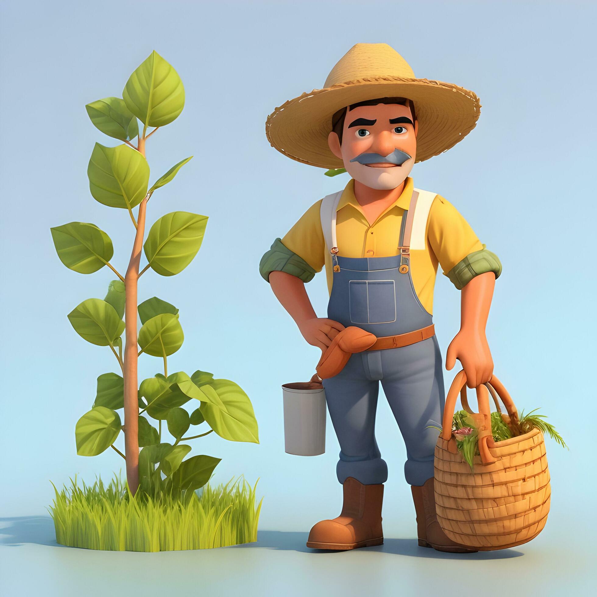 3D illustration. Tired Farmer 3D cartoon character. Farmer is