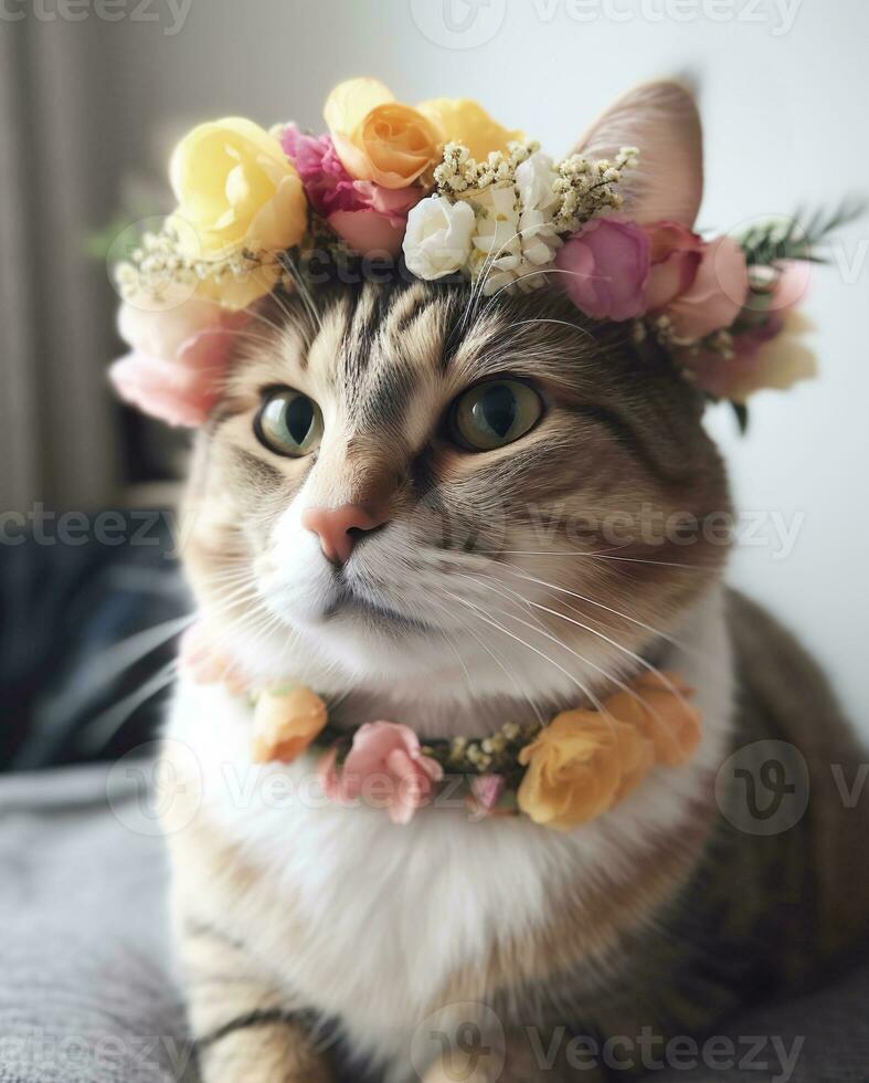 Cute tabby cat with flower wreath on her head. photo