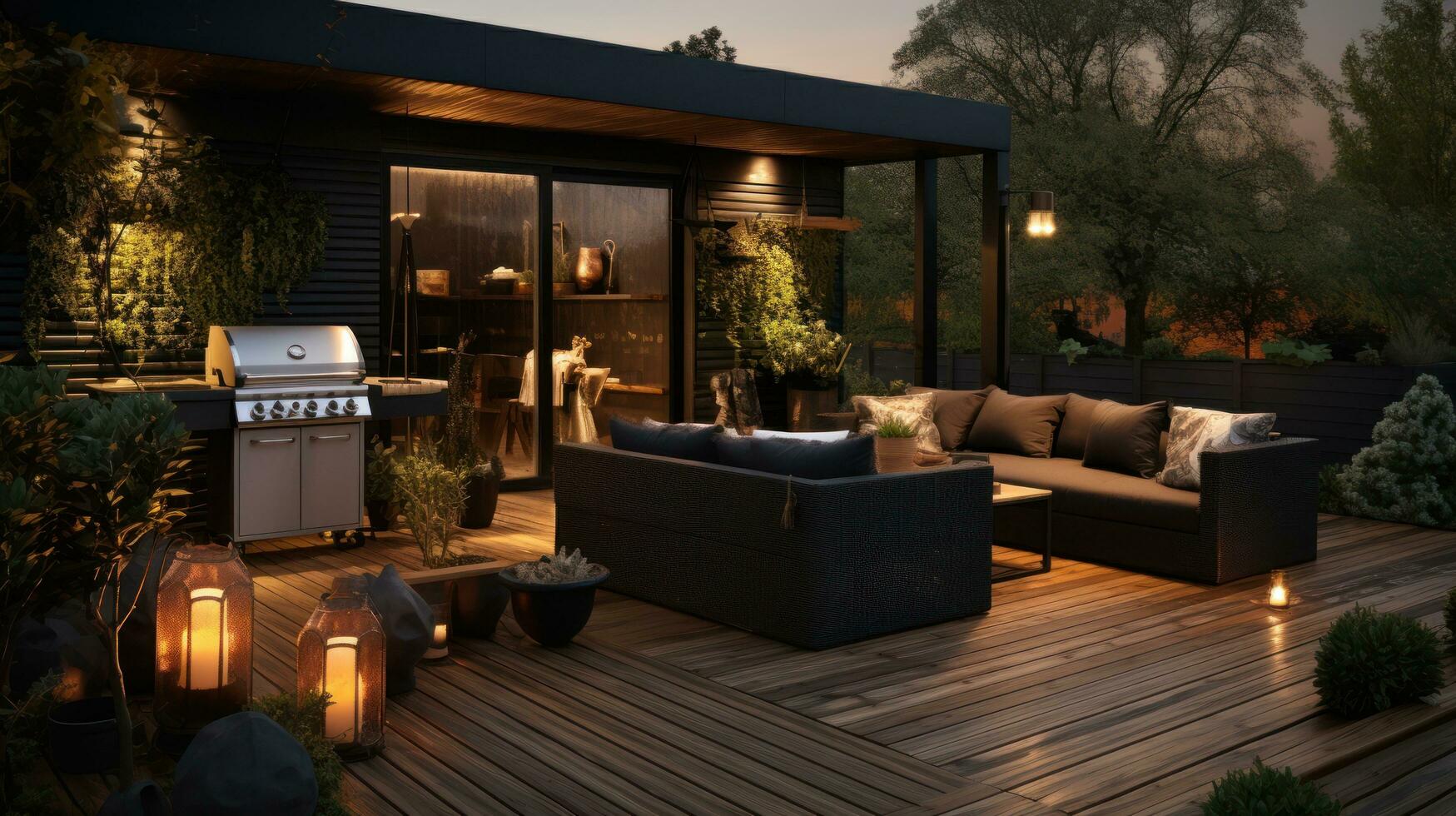 A black outdoor kitchen with plants on the deck photo