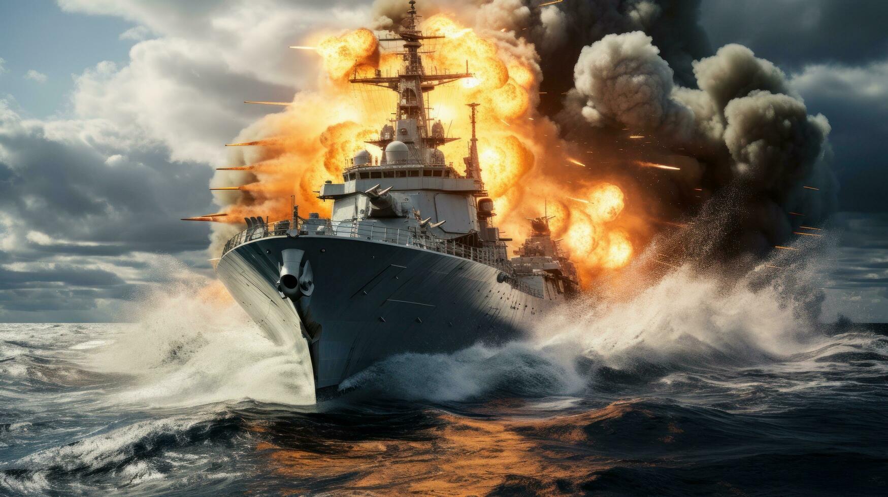 Large warship firing on the open sea photo