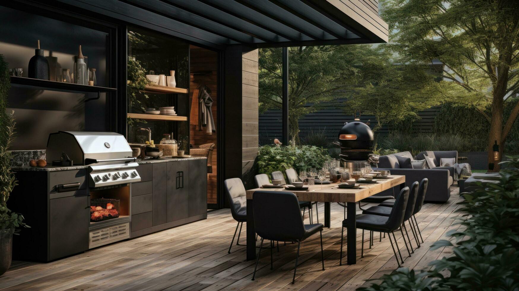 A black outdoor kitchen with plants on the deck photo