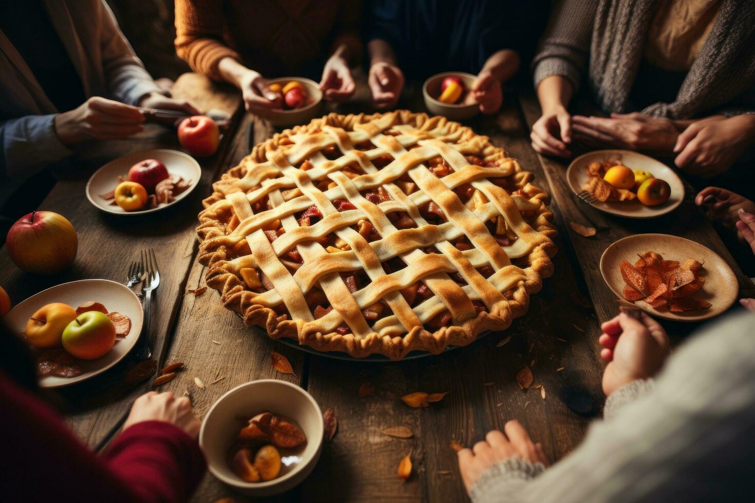 Thanksgiving pie at the table with family watching people photo
