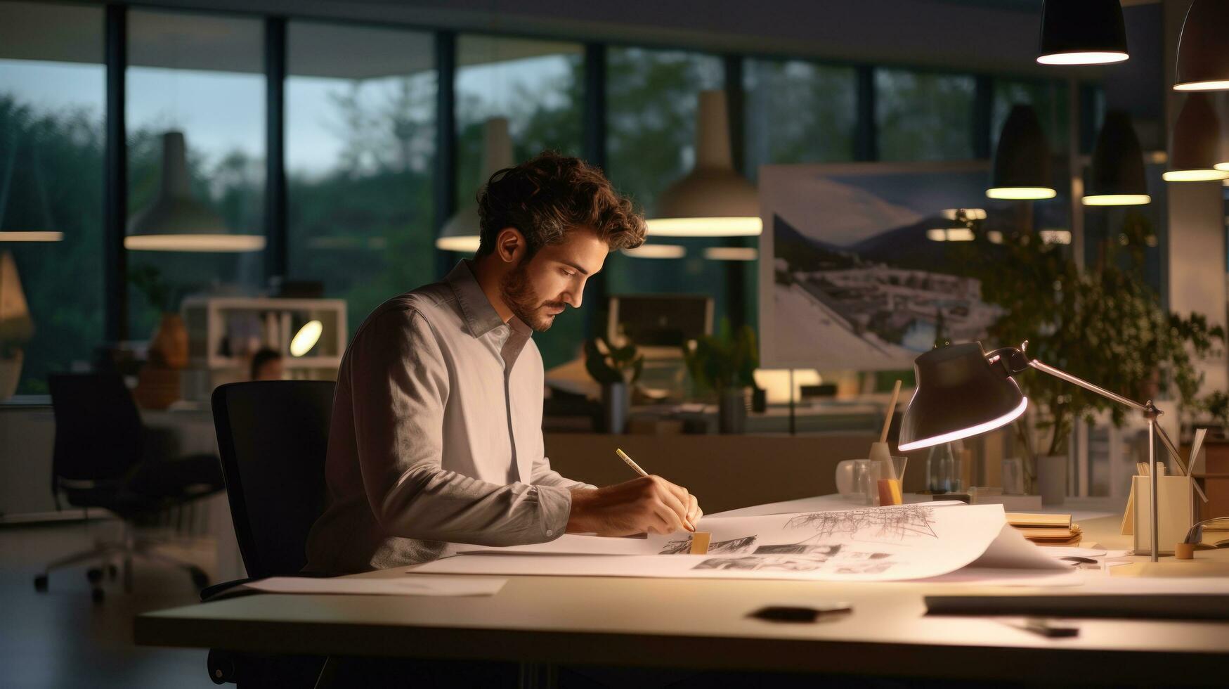 Professional architect working at the desk at work photo