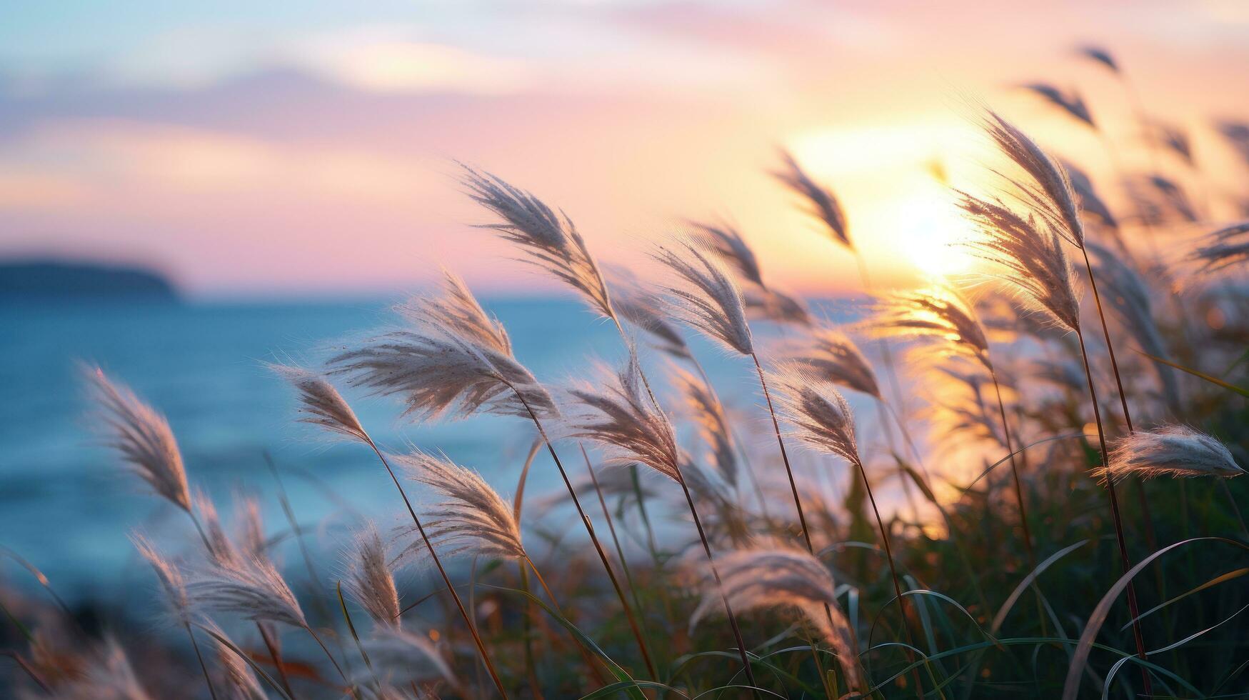 Sunset over grass blowing in the wind photo