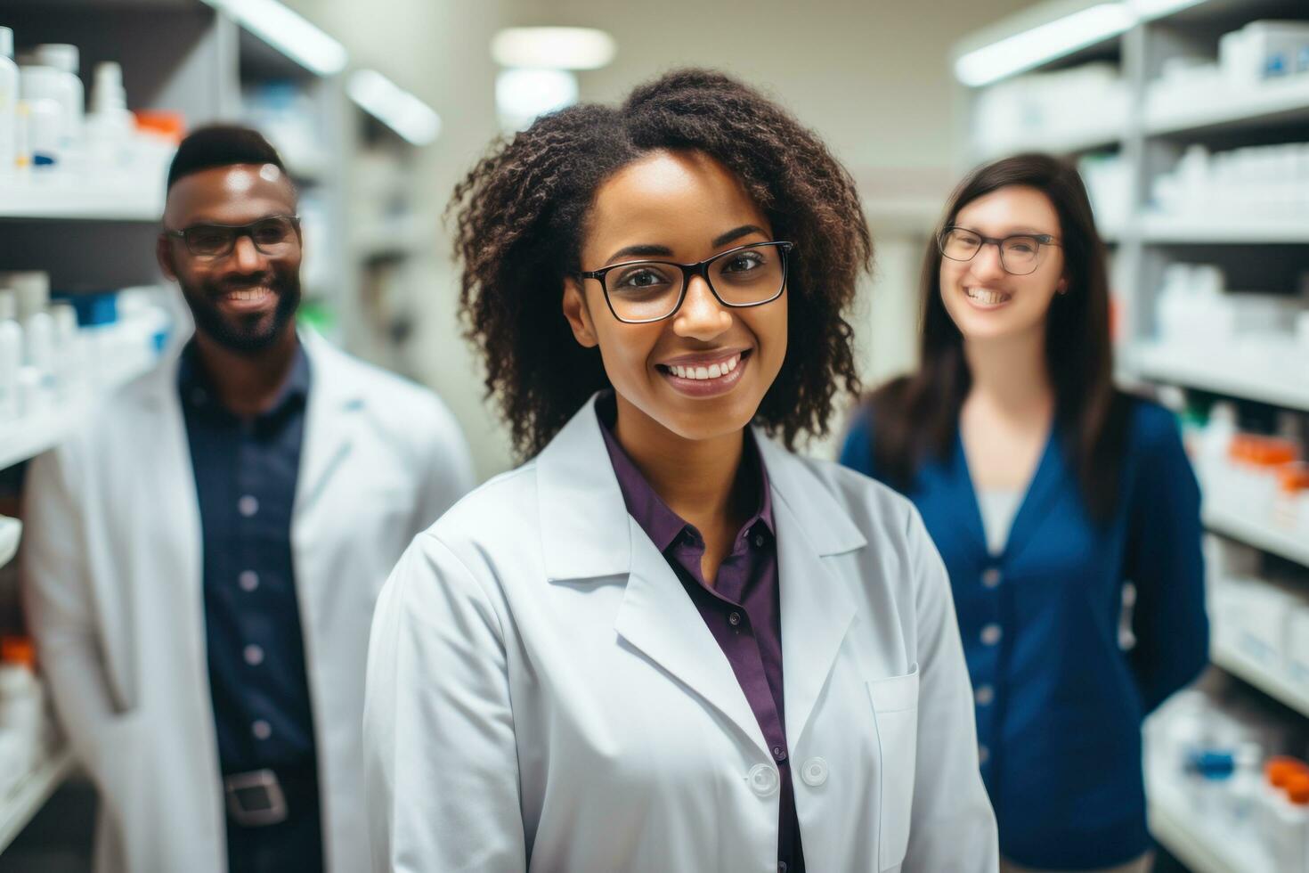 Pharmaceutical salespeople smile in pharmacy shelves photo