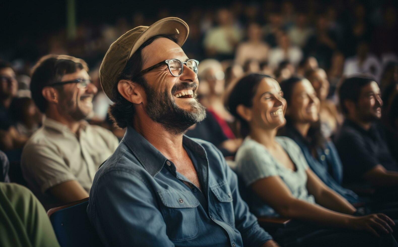 A group of people are laughing in an auditorium photo