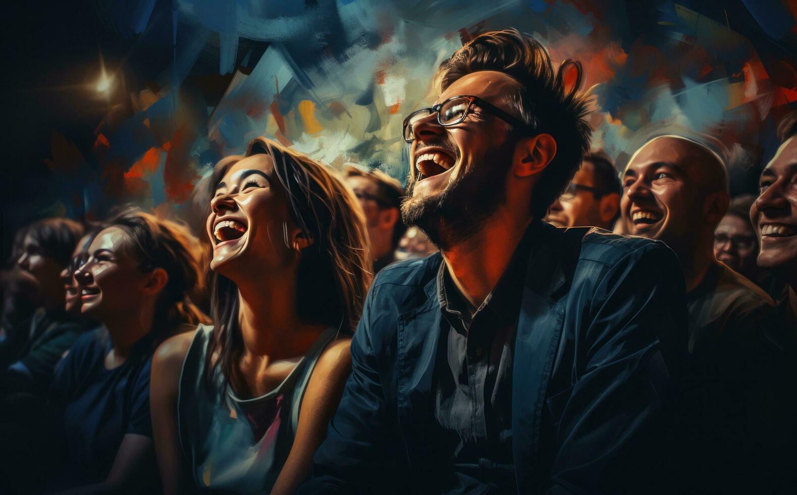 A group of people are laughing in an auditorium photo