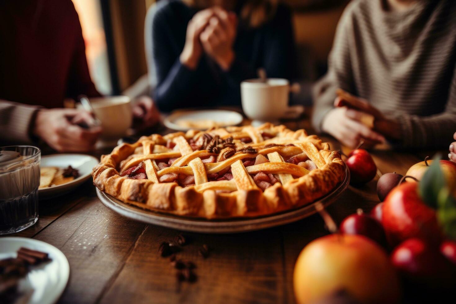 Thanksgiving pie at the table with family watching people photo