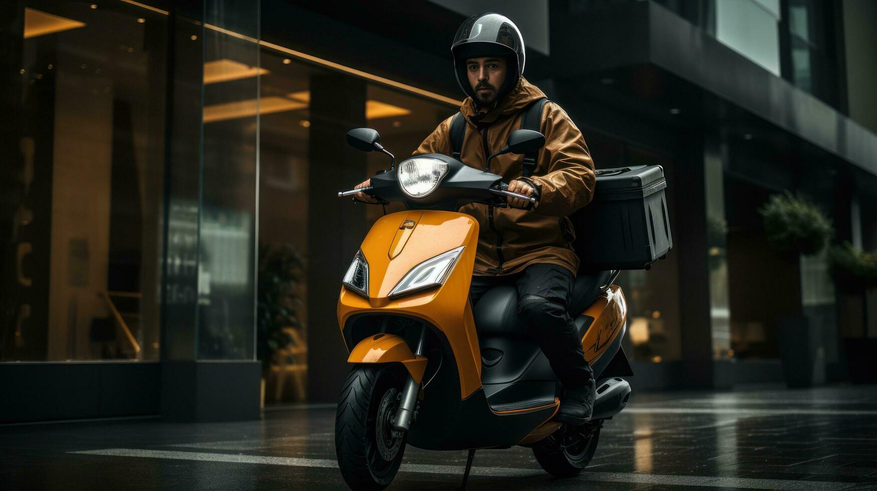 A man riding down the street on a vespa photo