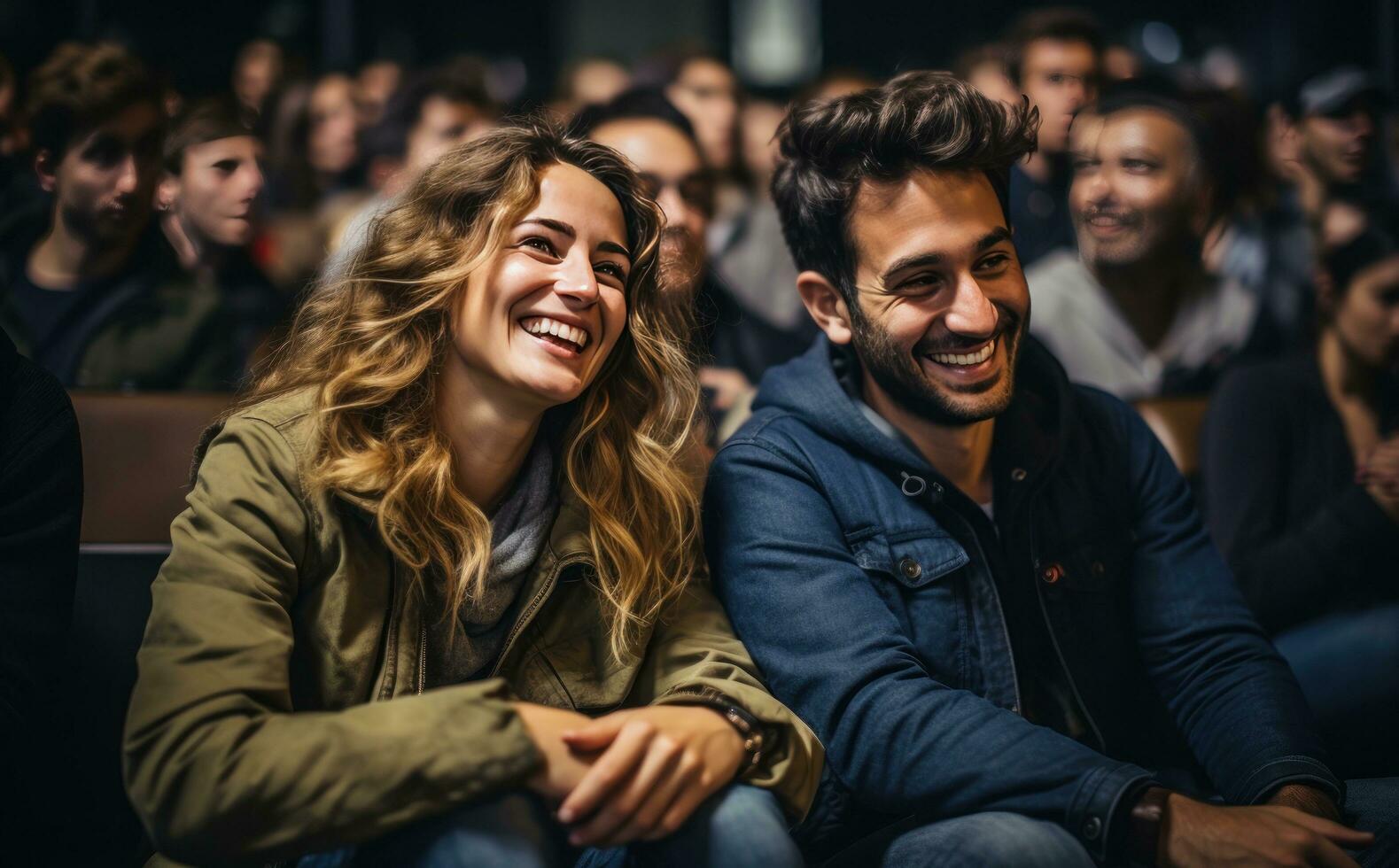 A group of people are laughing in an auditorium photo