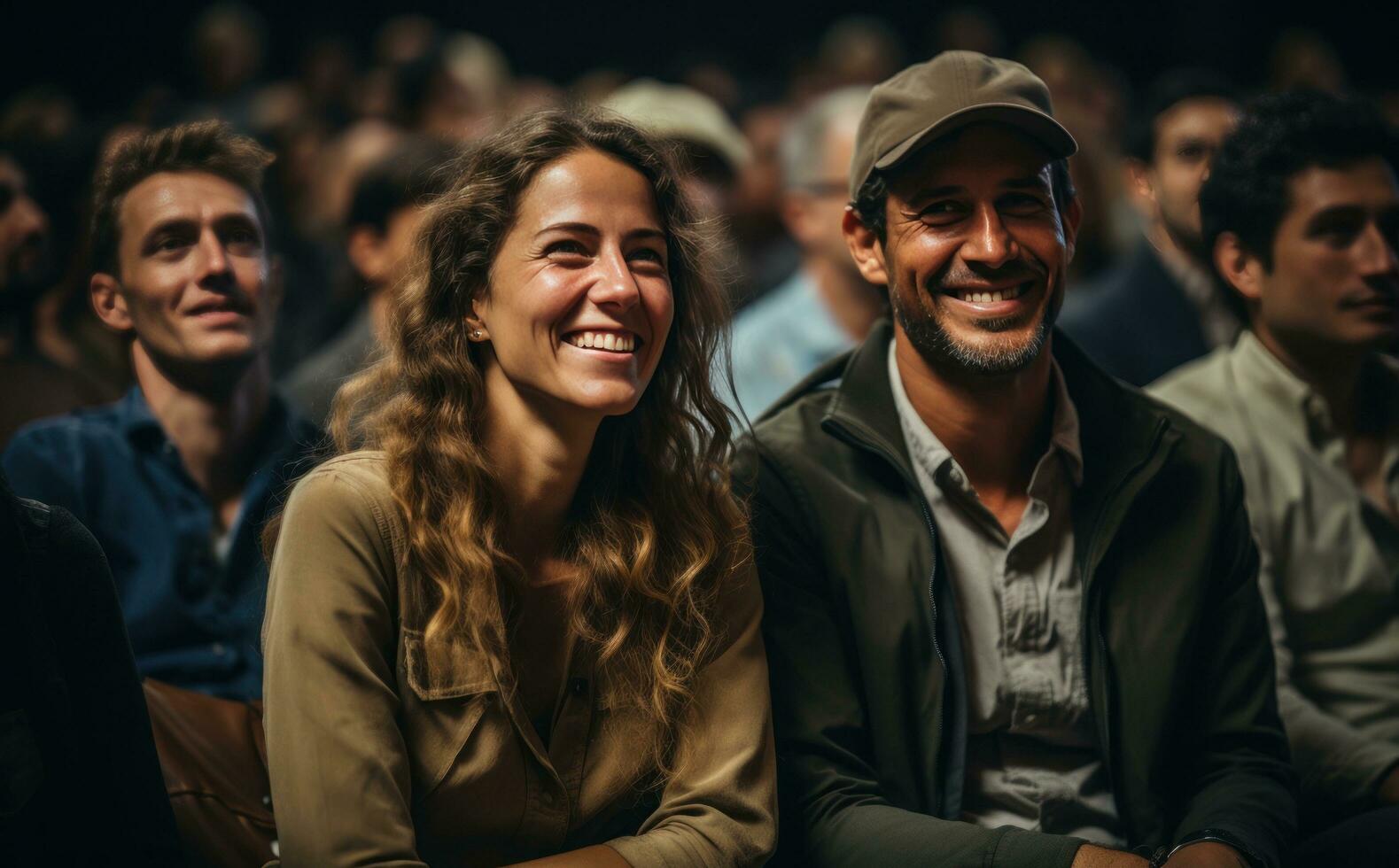 A group of people are laughing in an auditorium photo