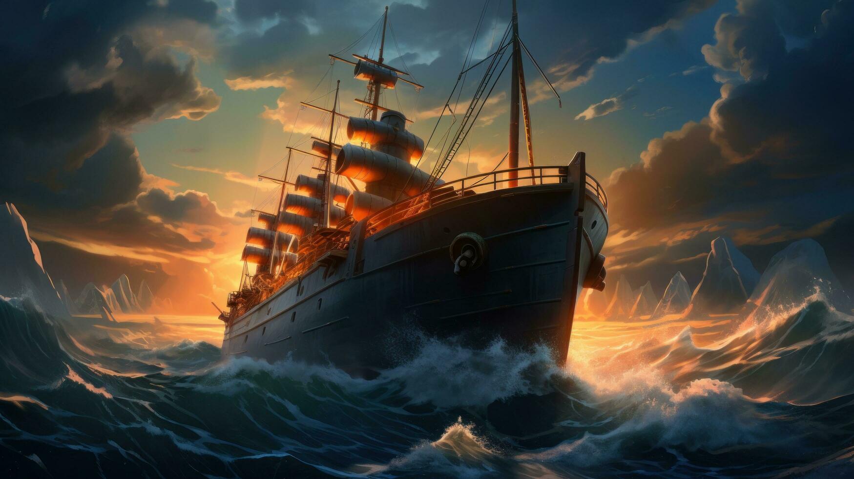 A ship in rough waters in an ominous sky photo