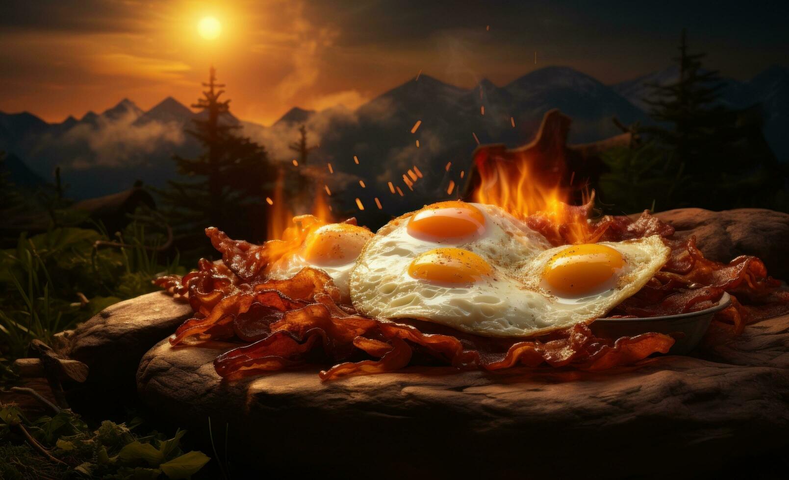 Bacon, eggs and breakfast on an open fire photo