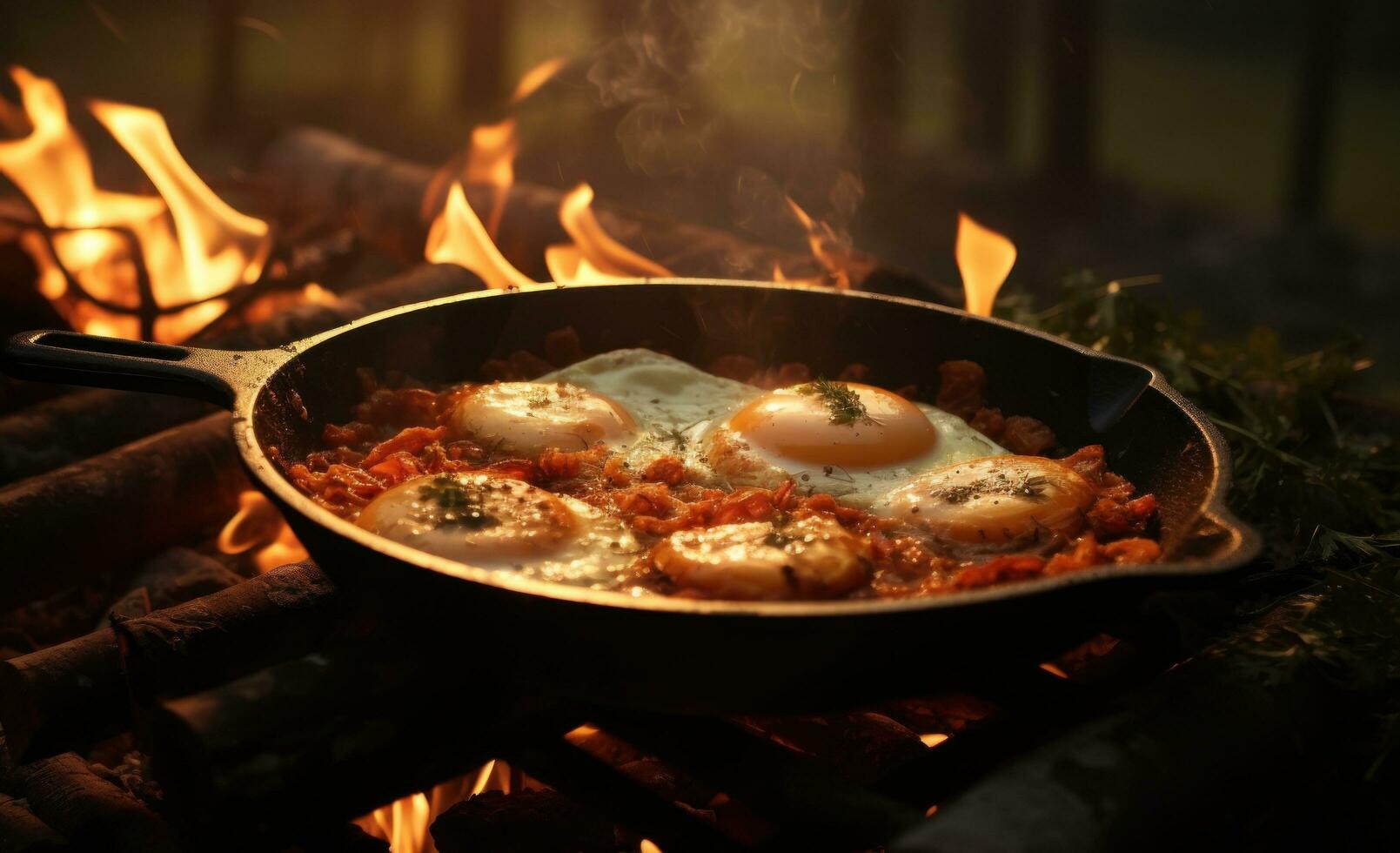 Bacon, eggs and breakfast on an open fire photo