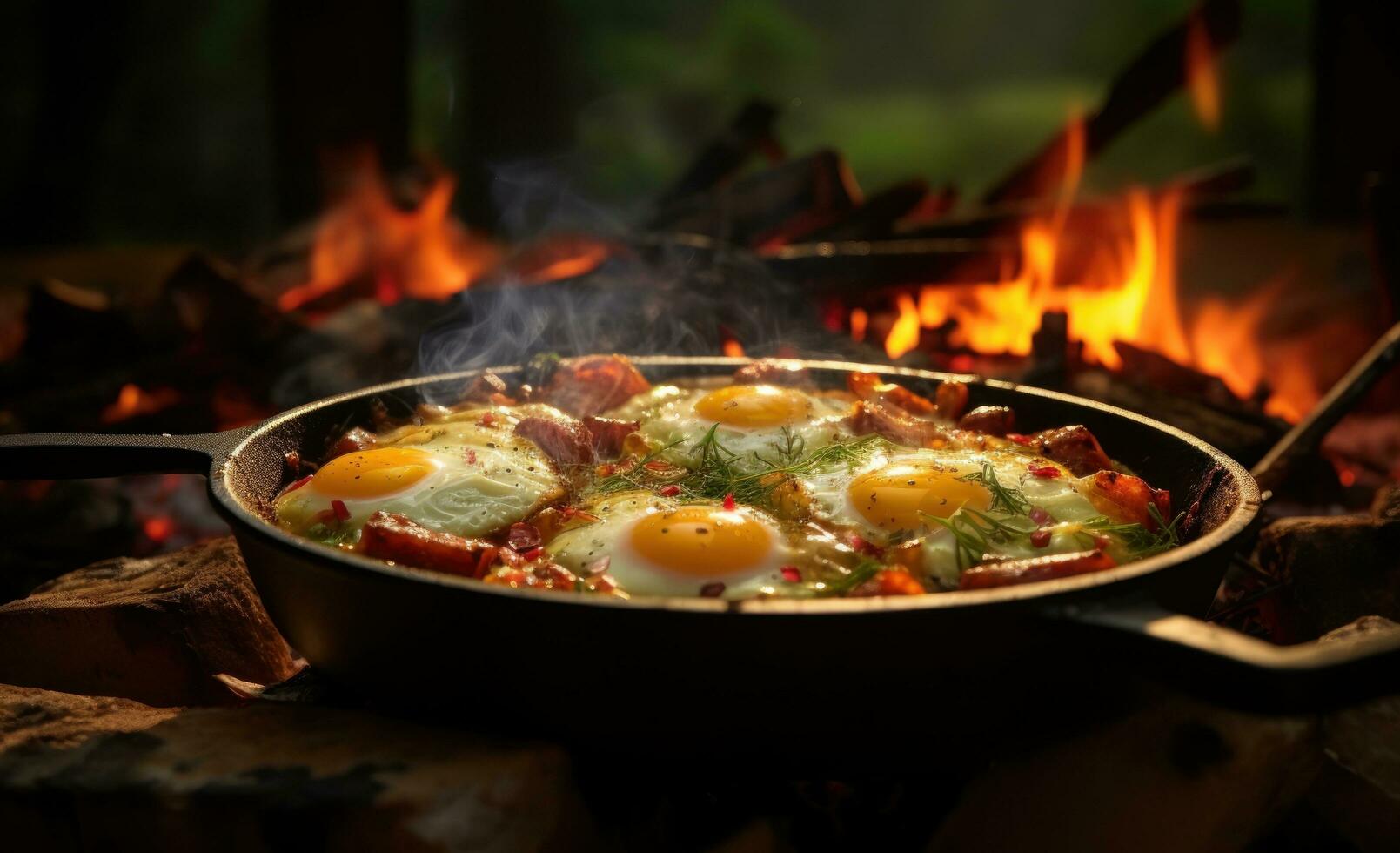 Bacon, eggs and breakfast on an open fire photo