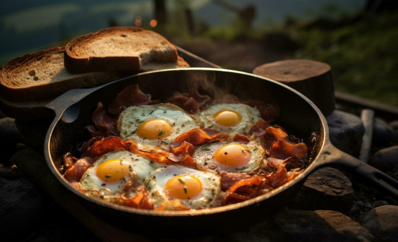 Bacon, eggs and breakfast on an open fire photo