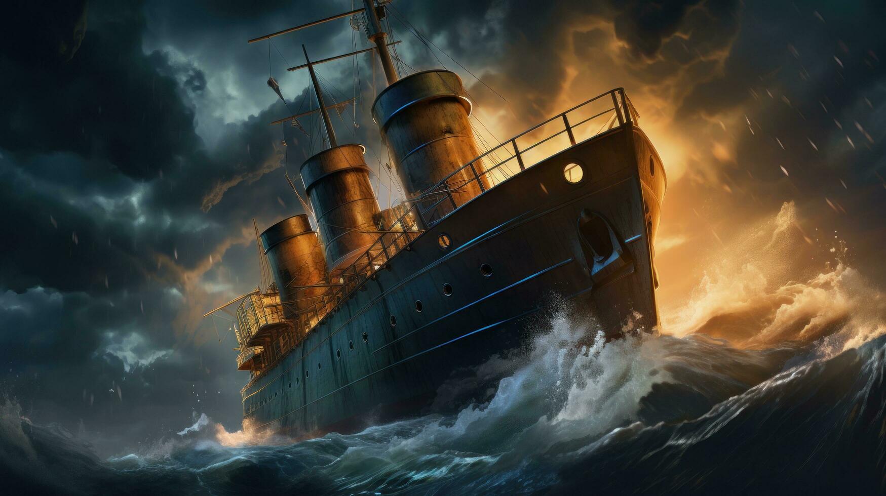 A ship in rough waters in an ominous sky photo