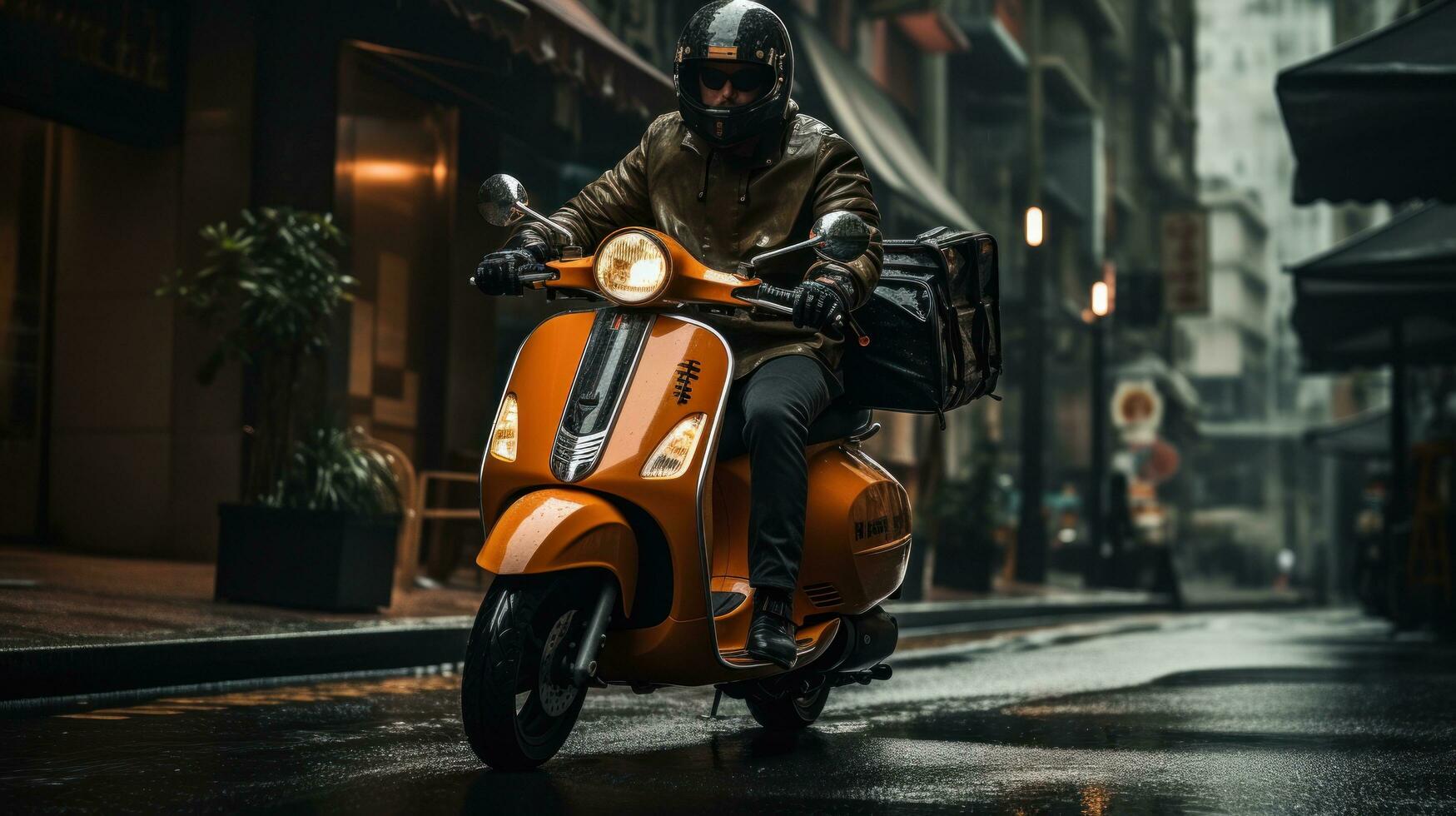 A worker riding a moped with bags. photo