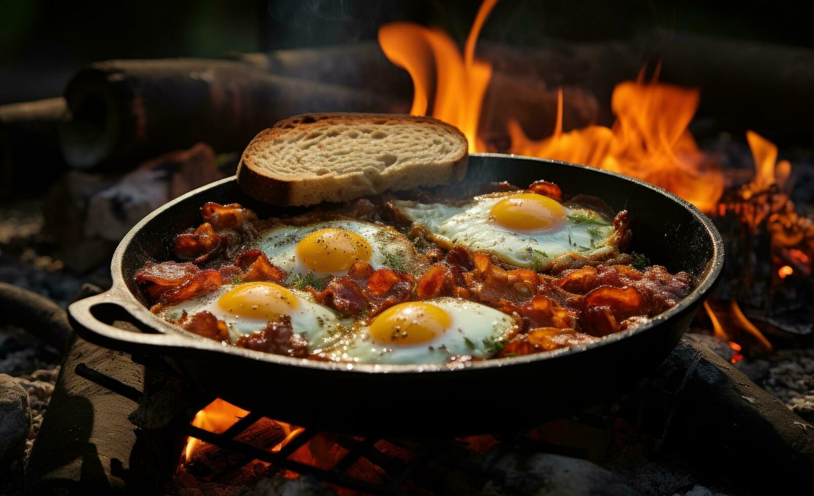 Bacon, eggs and breakfast on an open fire photo