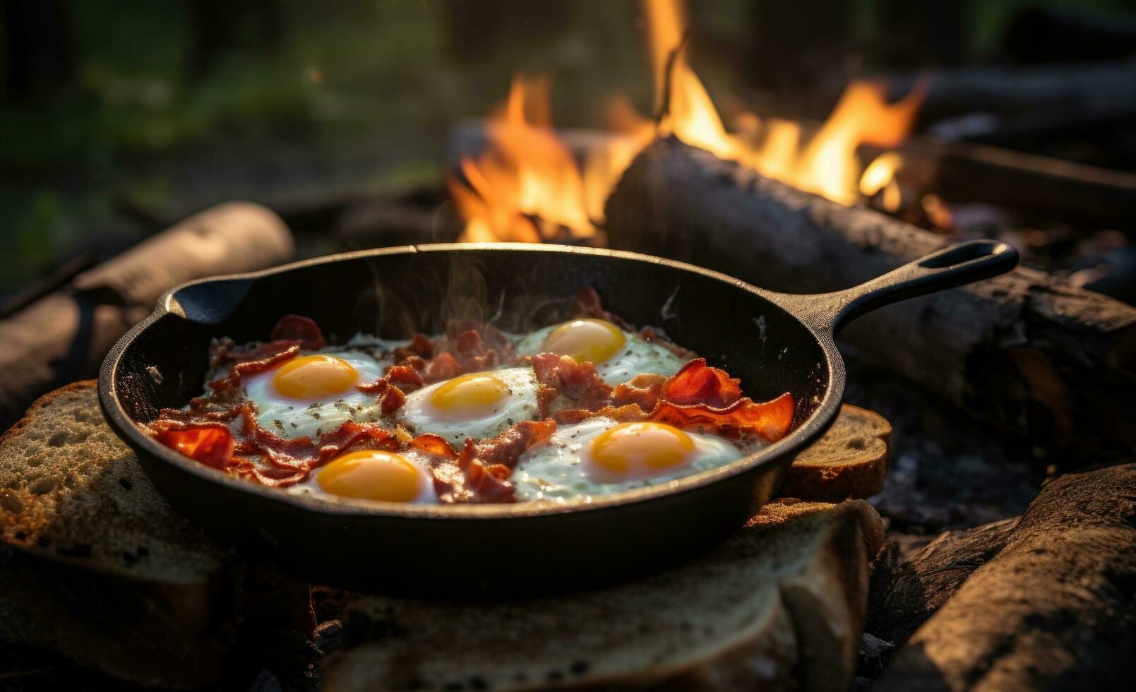 Bacon, eggs and breakfast on an open fire photo