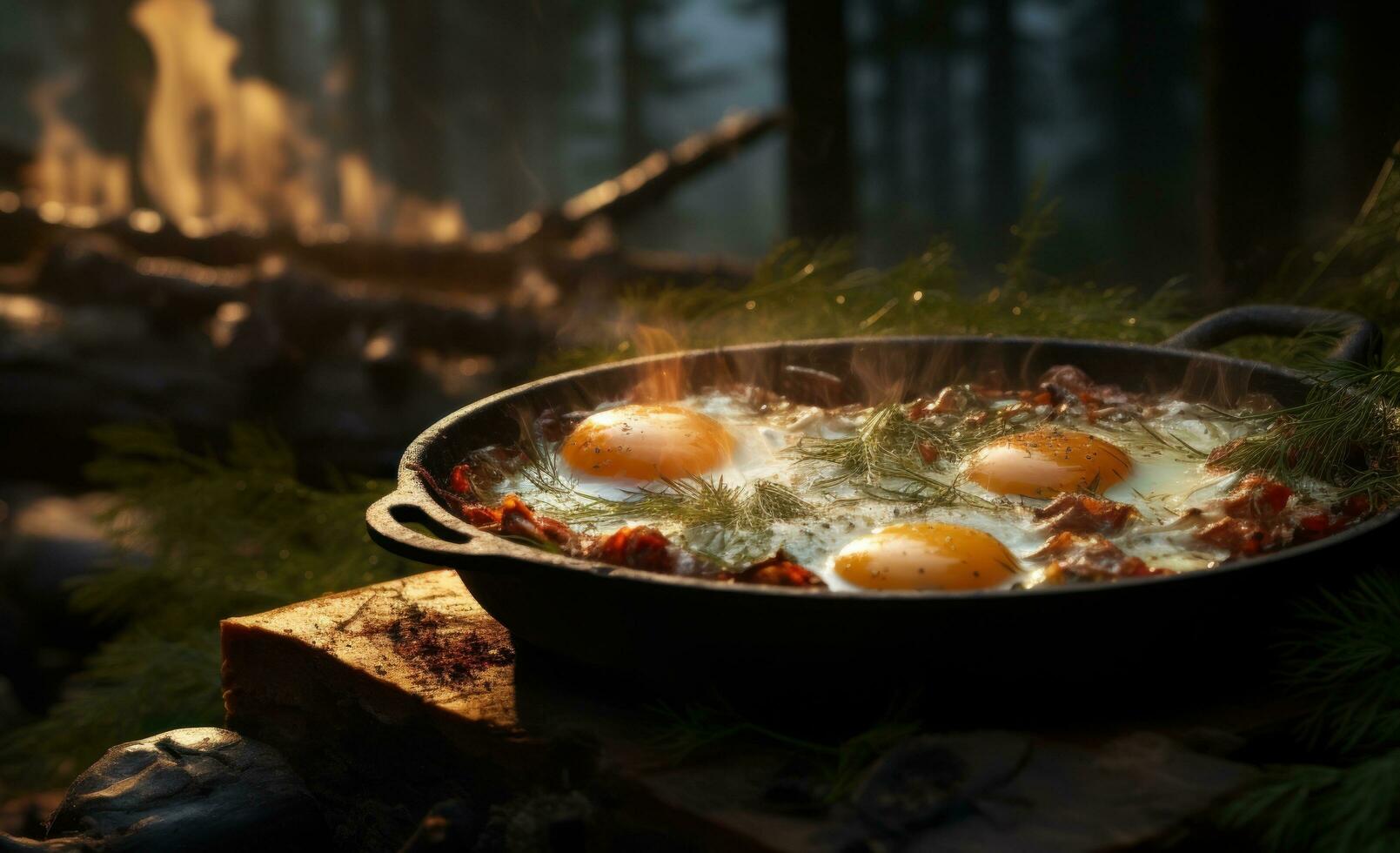 Bacon, eggs and breakfast on an open fire photo