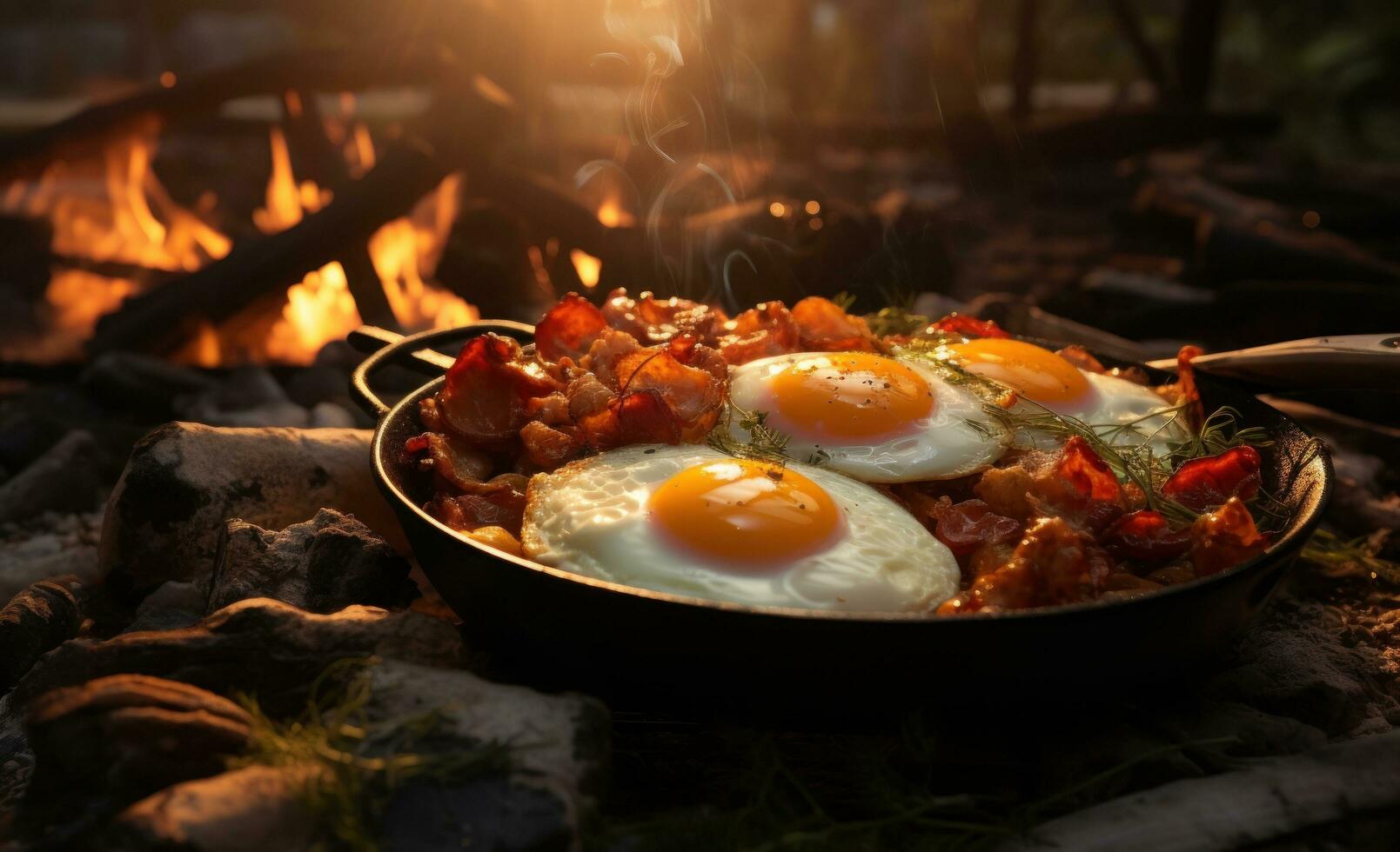 Bacon, eggs and breakfast on an open fire photo