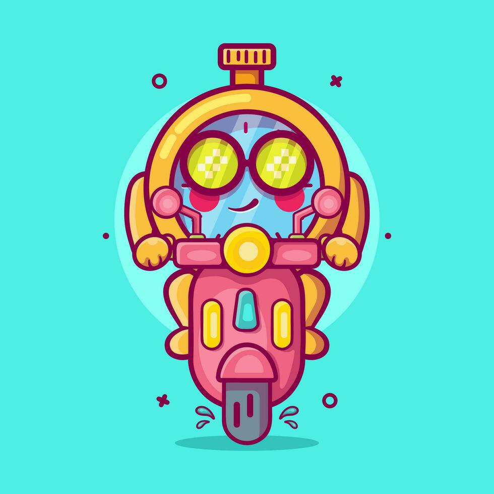 frio cronógrafo personaje mascota montando scooter motocicleta aislado dibujos animados en plano estilo diseño vector