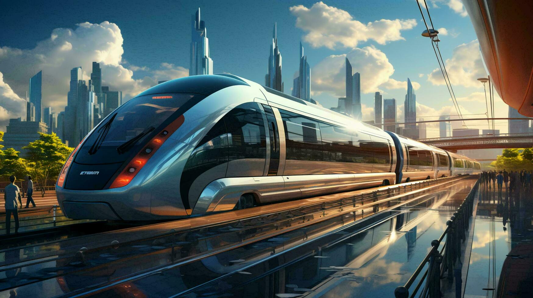 High-speed train on the background of a futuristic city photo