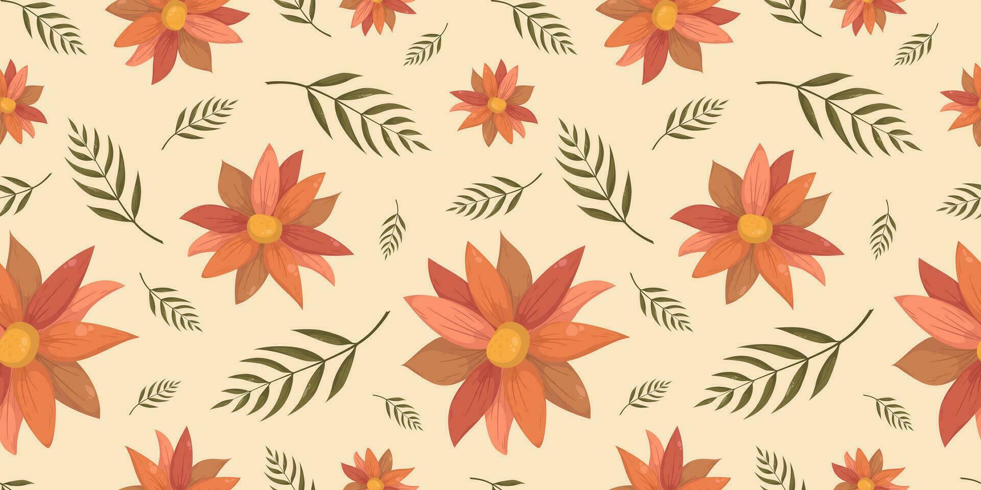 Seamless pattern with autumn orange brown flower and a branch. Fall pattern for wallpaper, wrapping paper, web sites, background, social media, blog, presentation, invitations and greeting cards. vector