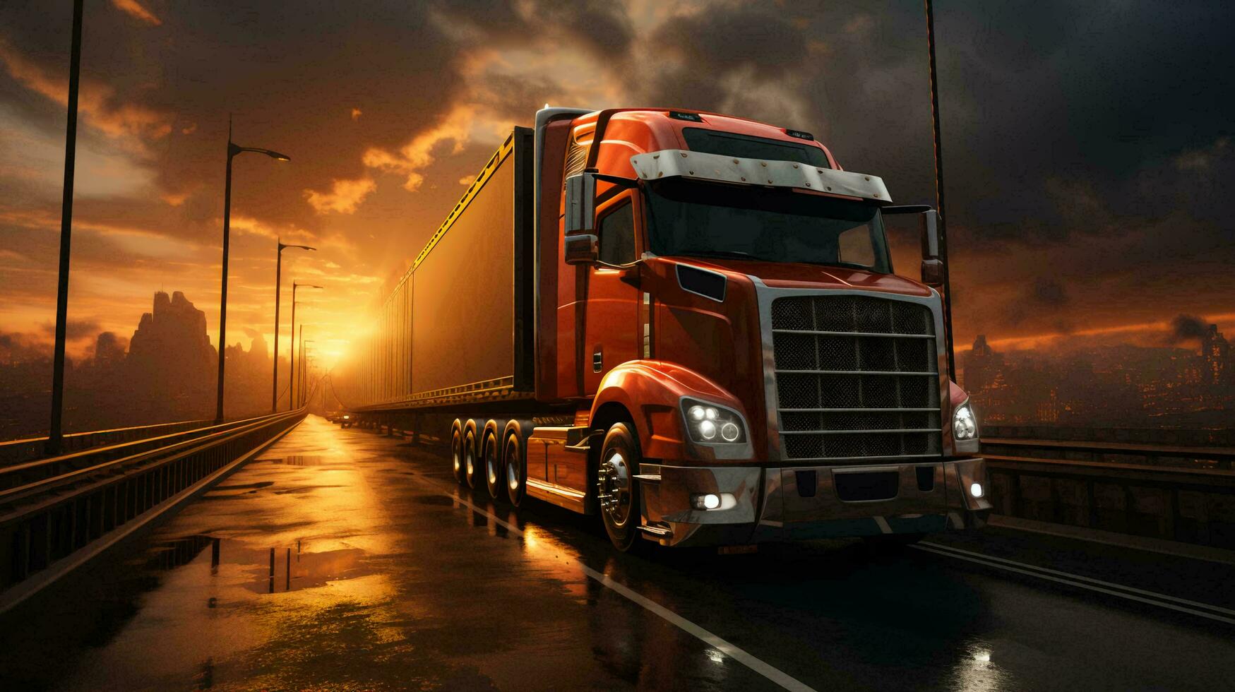 A big truck is driving along the highway delivering goods. The concept of logistics and delivery routes by road. AI generated photo