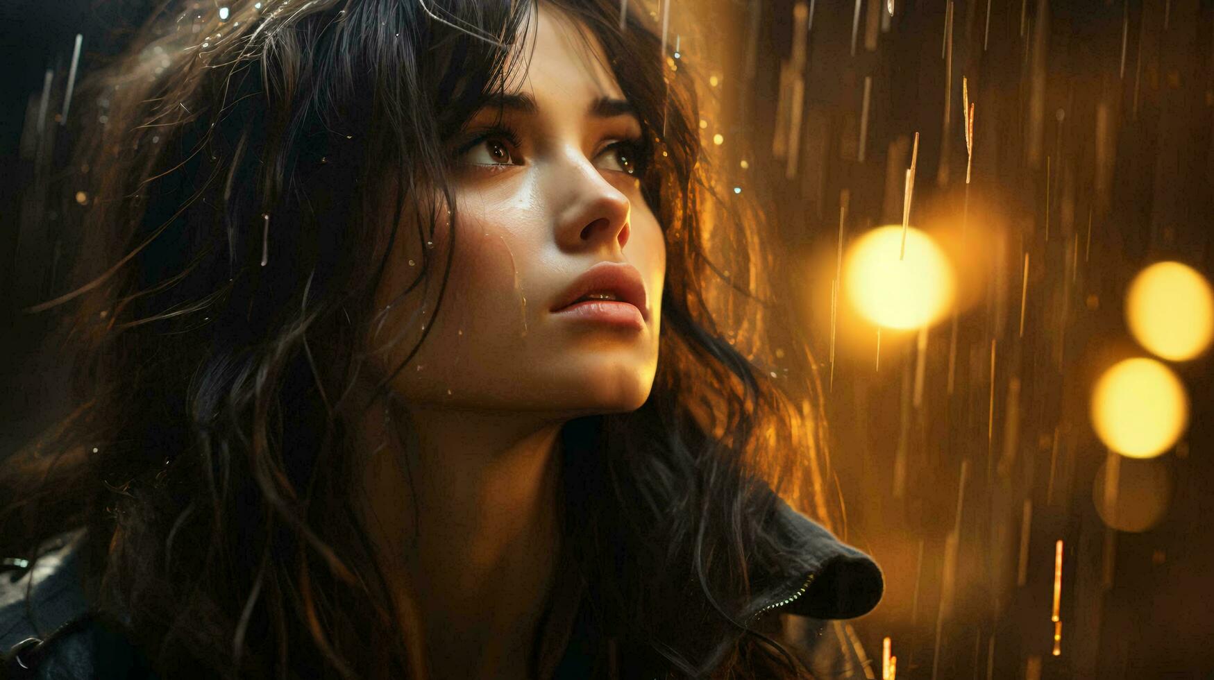 A beautiful pensive woman looks out the window at night during the rain and drops flow down the glass. Face of a sad girl close-up. AI generated photo