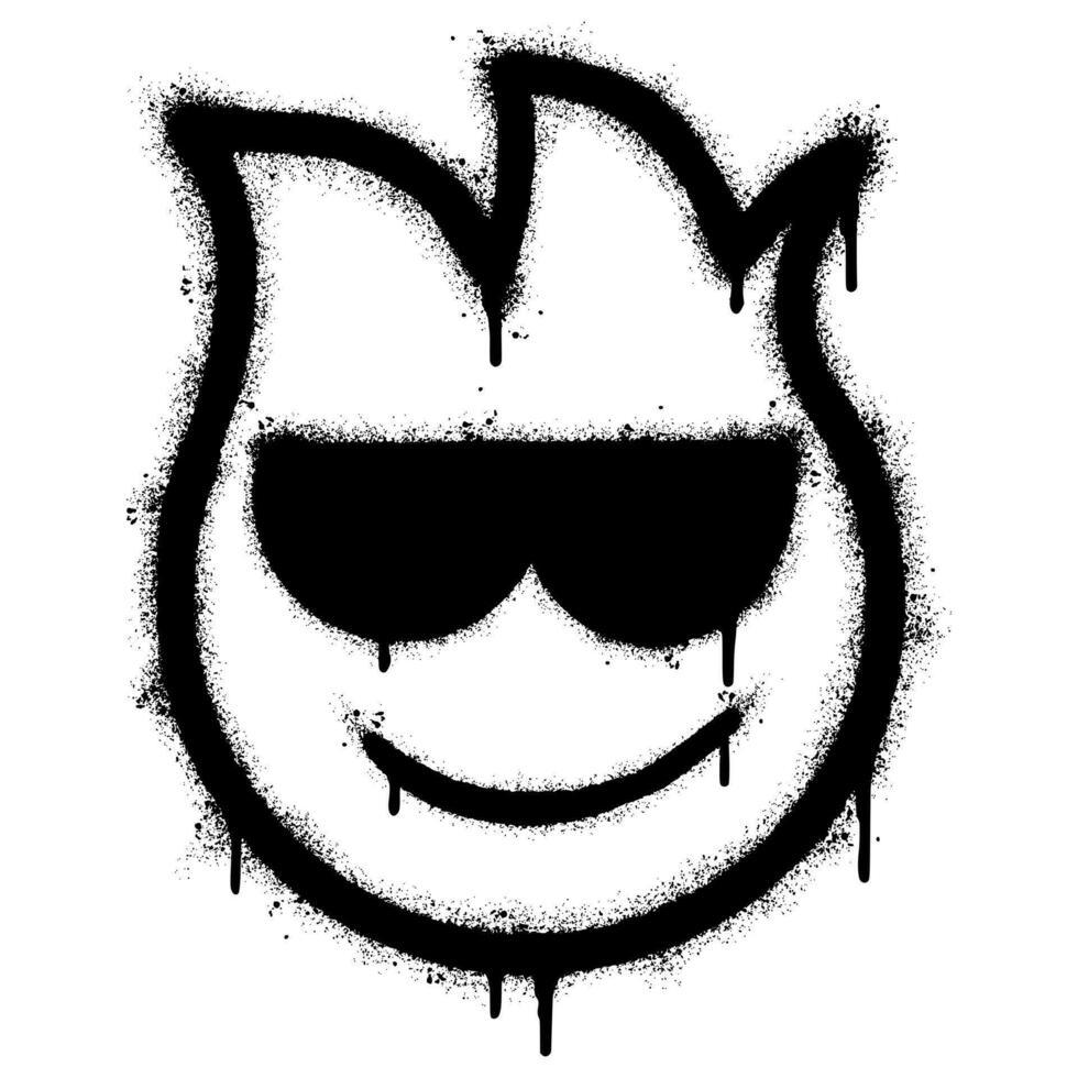 Graffiti emoticon Cool smiling Face with Sunglasses isolated with a white background. graffiti Fire emoji with over spray in black over white. vector