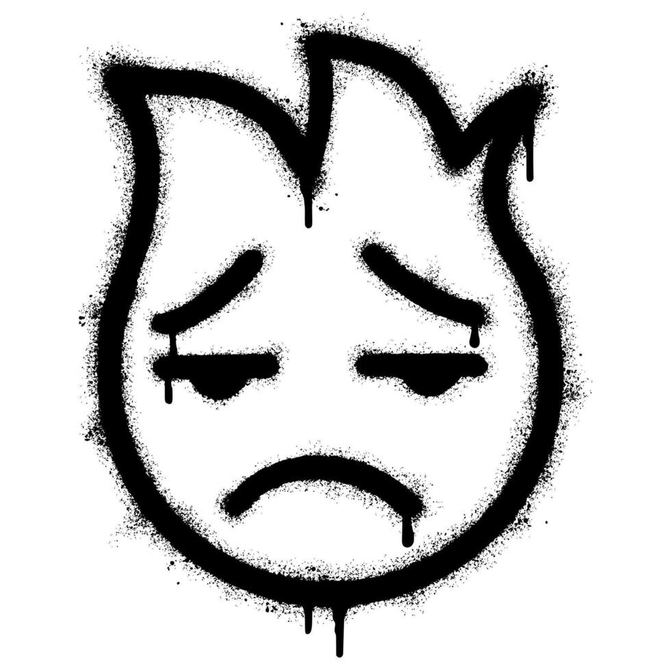 Graffiti emoticon tired face isolated with a white background. graffiti Fire emoji with over spray in black over white. vector